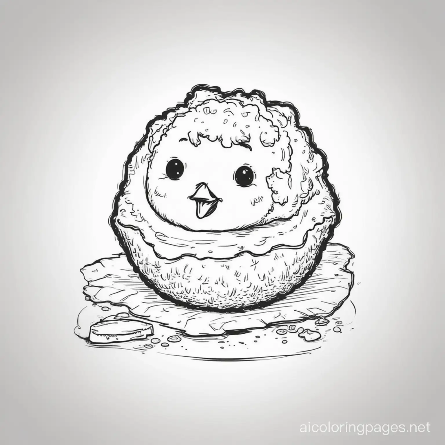 chicken nugget coconut, Coloring Page, black and white, line art, white background, Simplicity, Ample White Space. The background of the coloring page is plain white to make it easy for young children to color within the lines. The outlines of all the subjects are easy to distinguish, making it simple for kids to color without too much difficulty