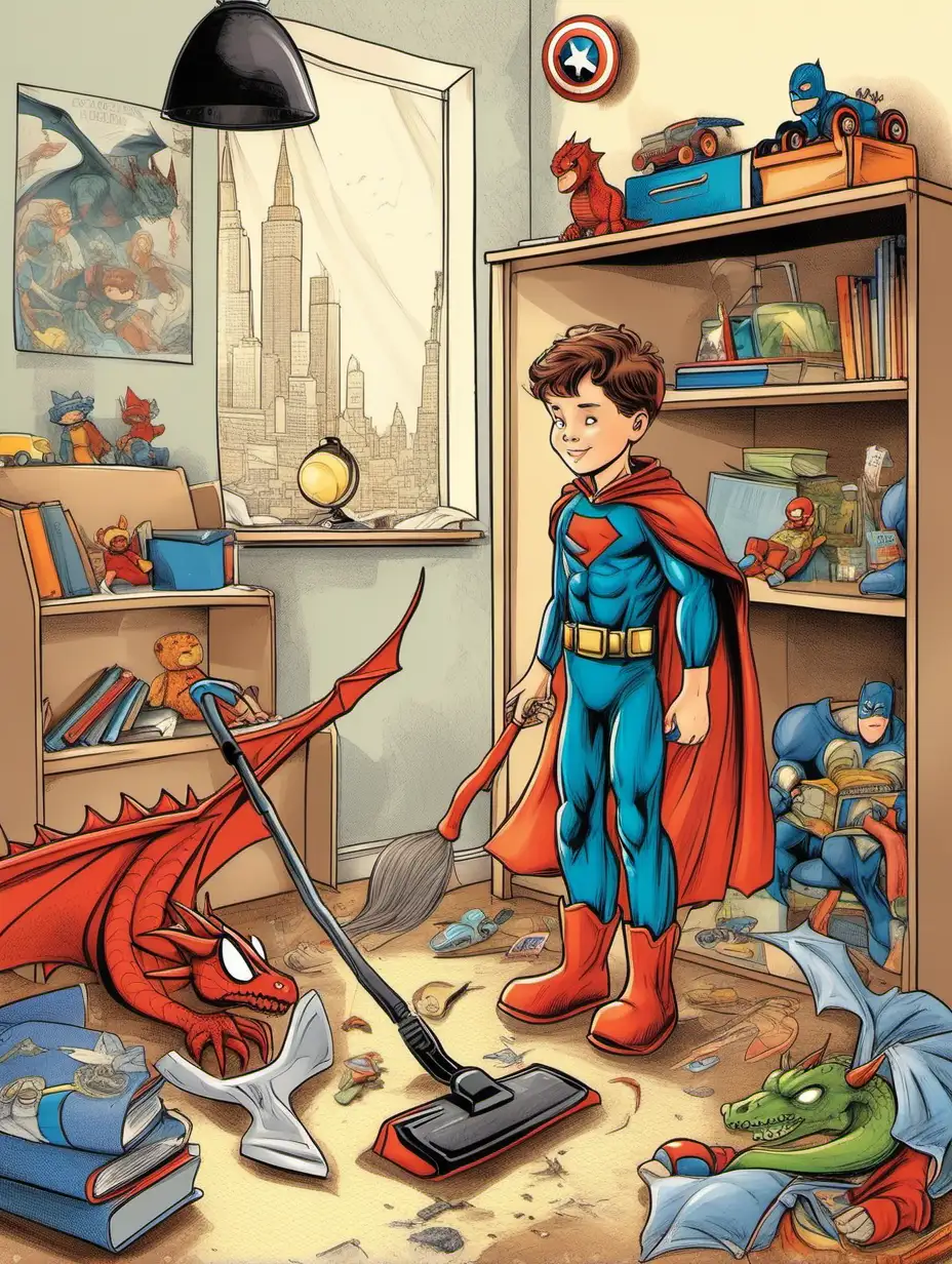Boy Max likes to clean his room. Clothes, toys and books in their places. On the walls hang posters with images of superheroes and dragons. storybook illustration