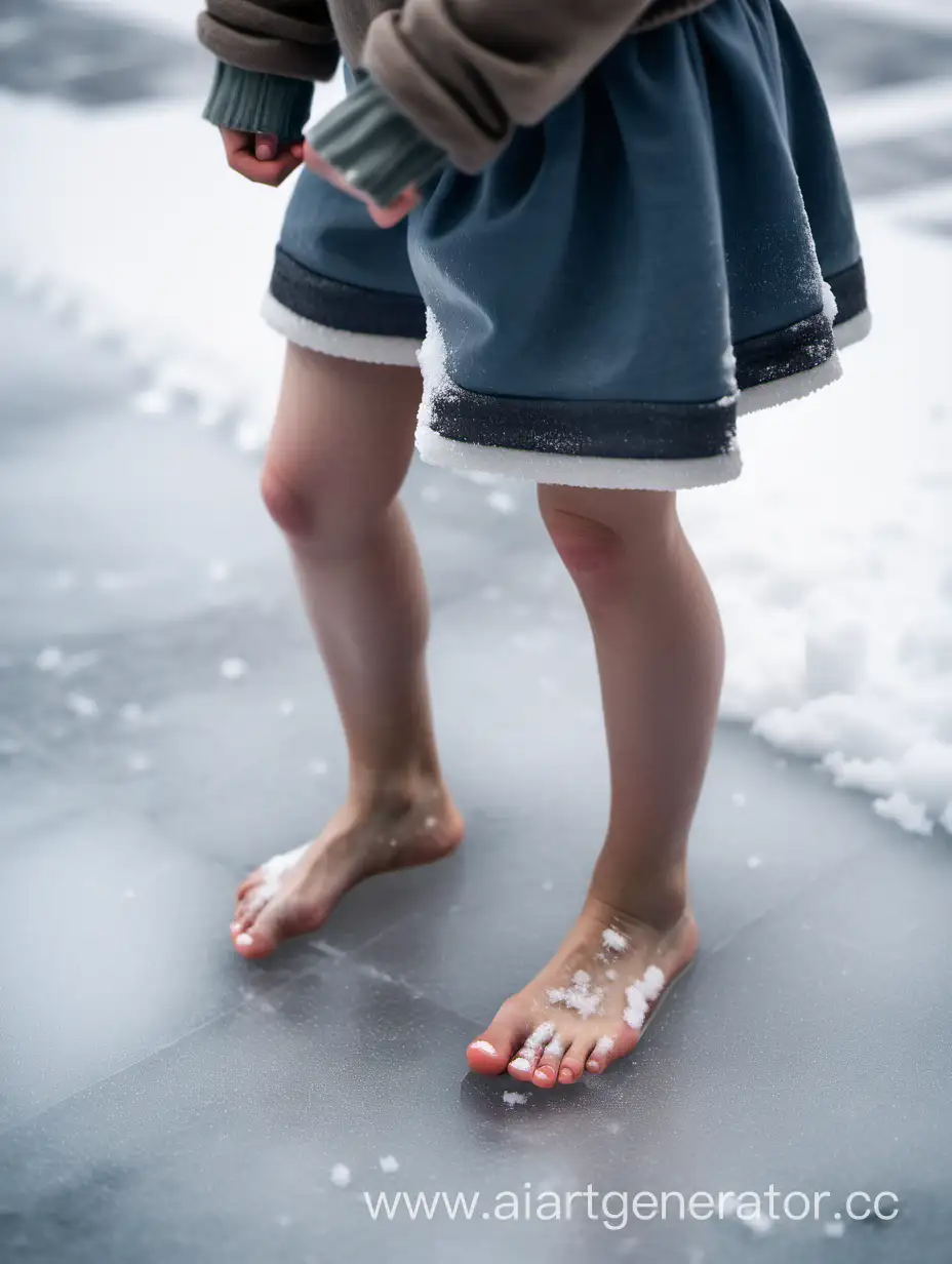 一位短裙青春少女赤脚在冰天雪地的广场中玩耍，脚部特写