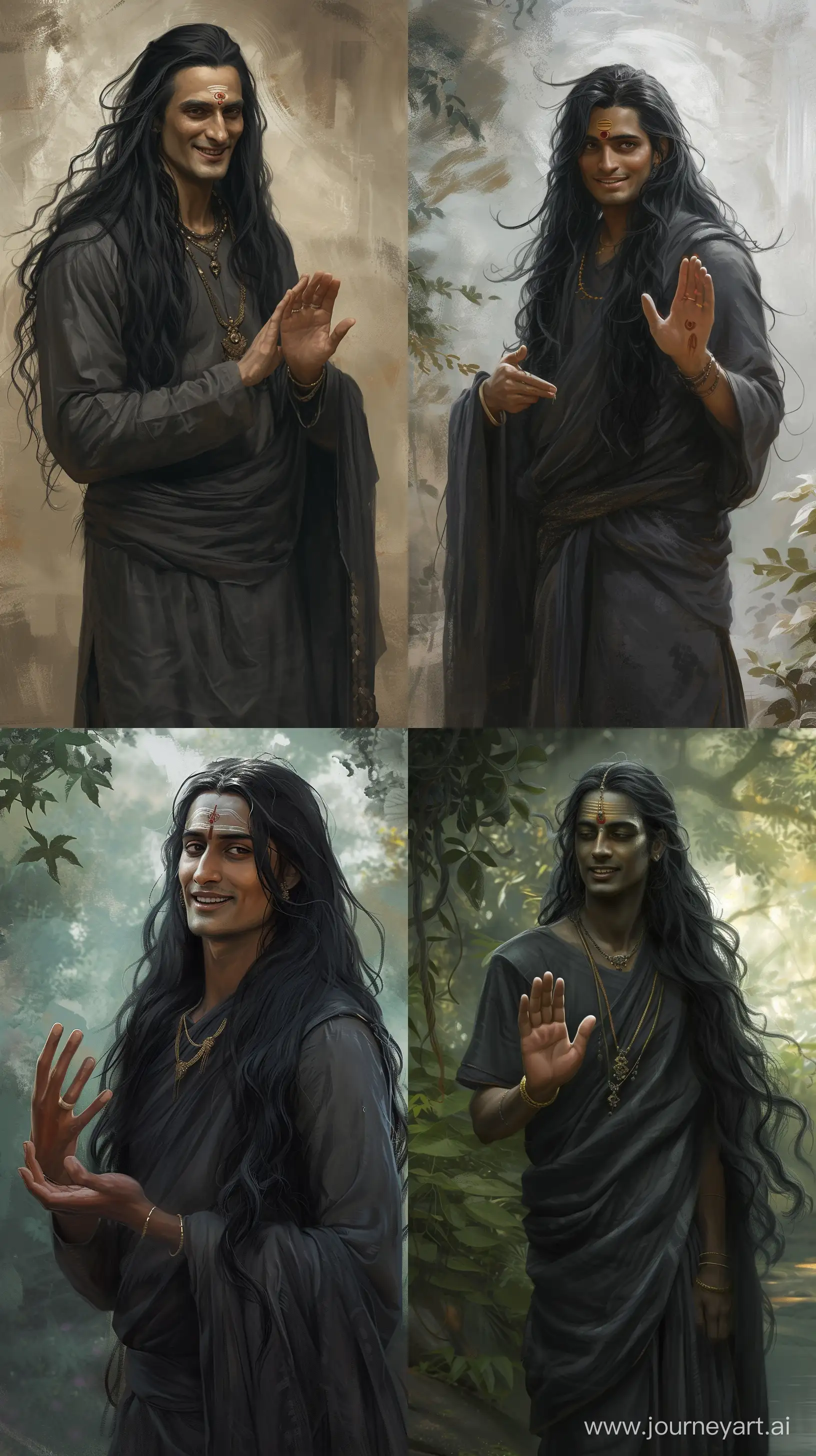 Realistic digital paintings depicting an Indian deity in his thirties, black long haired, in dark grey salwar, looking like he's talking with someone, his hand gesture is saying so, gentle smile in his face, serene background, intricate details UHD --ar 9:16 --v 6 --ar 3:4 --no 93623
