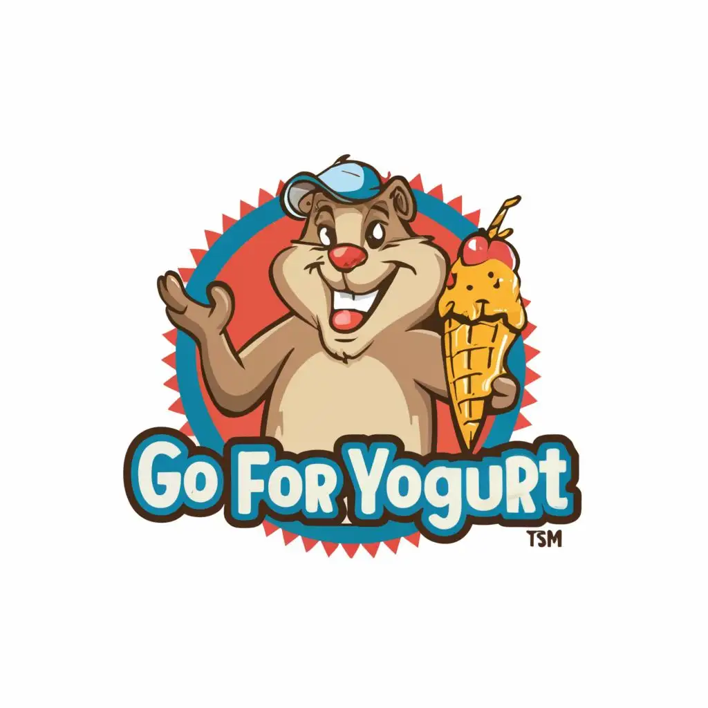 logo, a mischievous gopher wearing a propeller cap, the gopher is smiling big and holding a cone of frozen yogurt, with the text "Go For Yogurt", typography