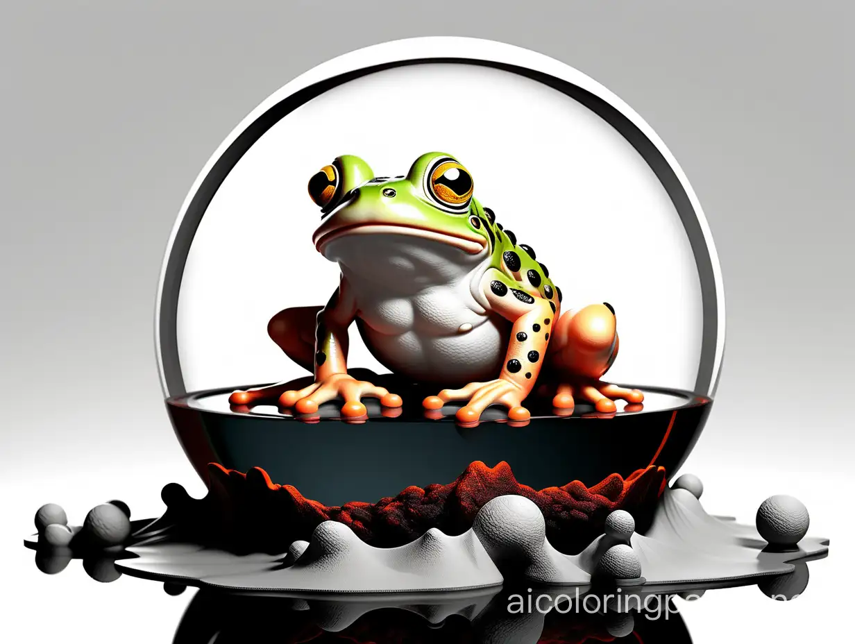 Insanely detailed and elaborate fantasy frog in a rococo embellished glass globe floating in a lake of molten lava, Coloring Page, black and white, line art, white background, Simplicity, Ample White Space. The background of the coloring page is plain white to make it easy for young children to color within the lines. The outlines of all the subjects are easy to distinguish, making it simple for kids to color without too much difficulty