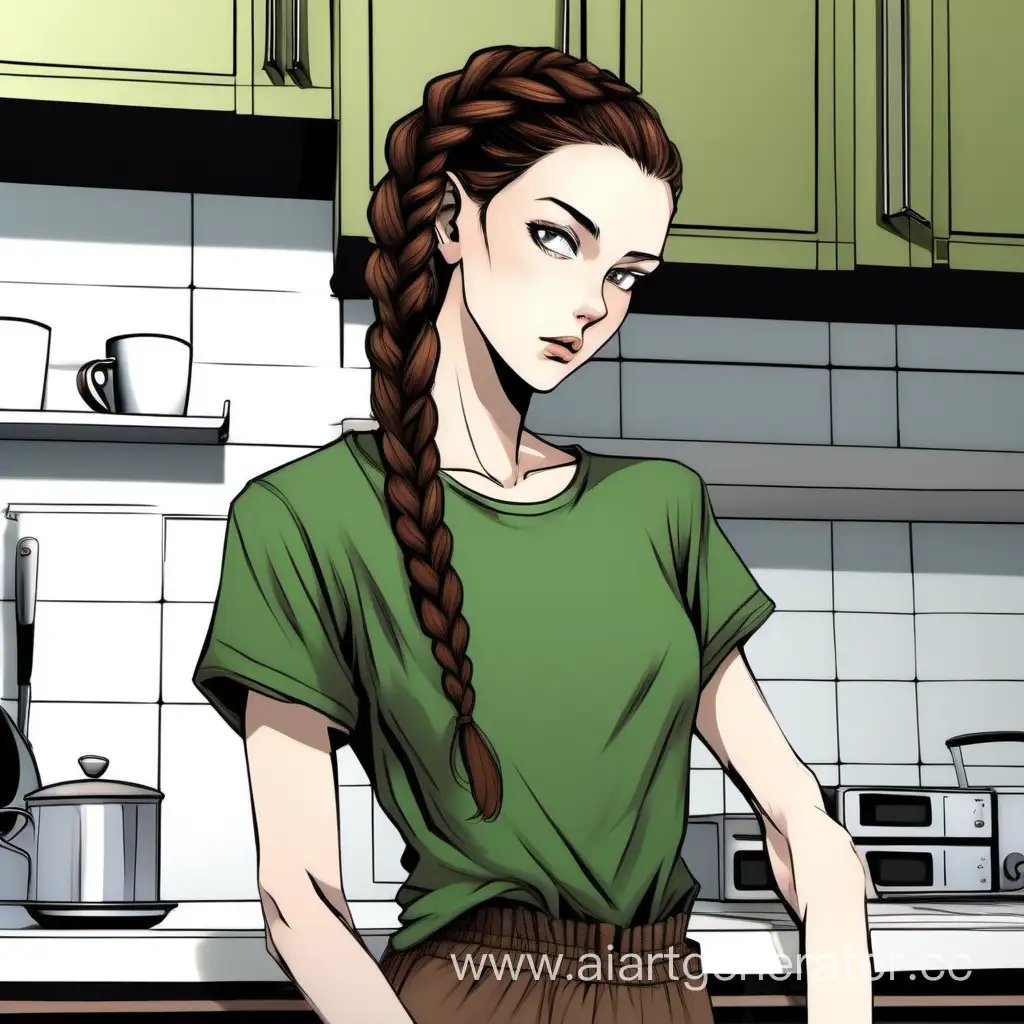 Pale-Queenly-Girl-Leaning-on-Kitchen-Countertop-with-Coffee-Cup