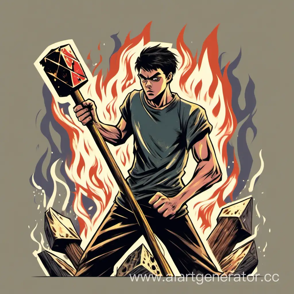 Молодой человек возрастом 17-18 лет, брутальный, держит в руках молот с магией огня, злой