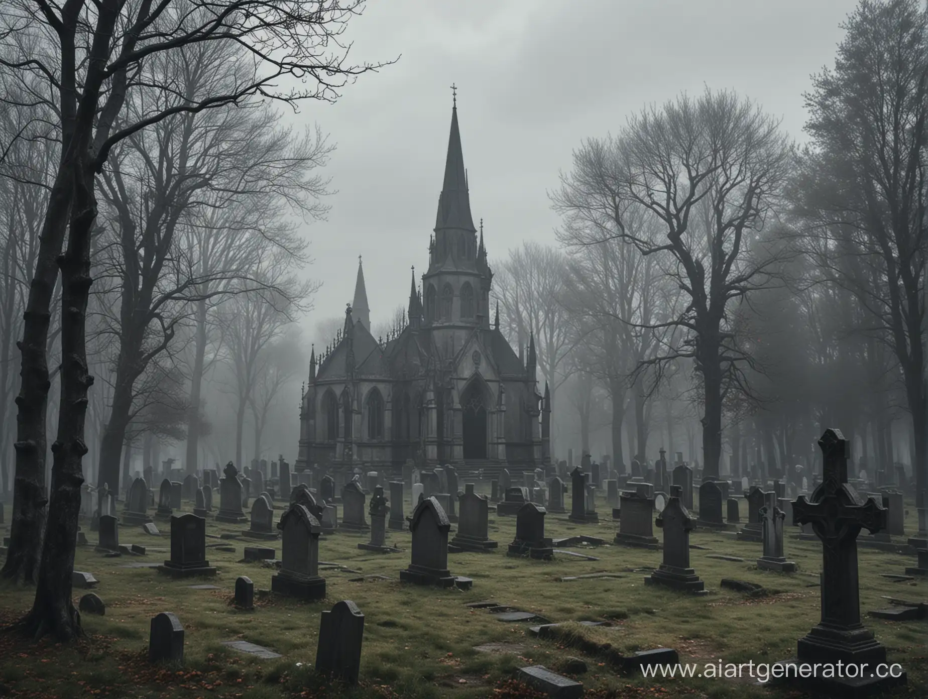 Старинное готическое кладбище на фоне готической часовни и темного леса, мрачная погода