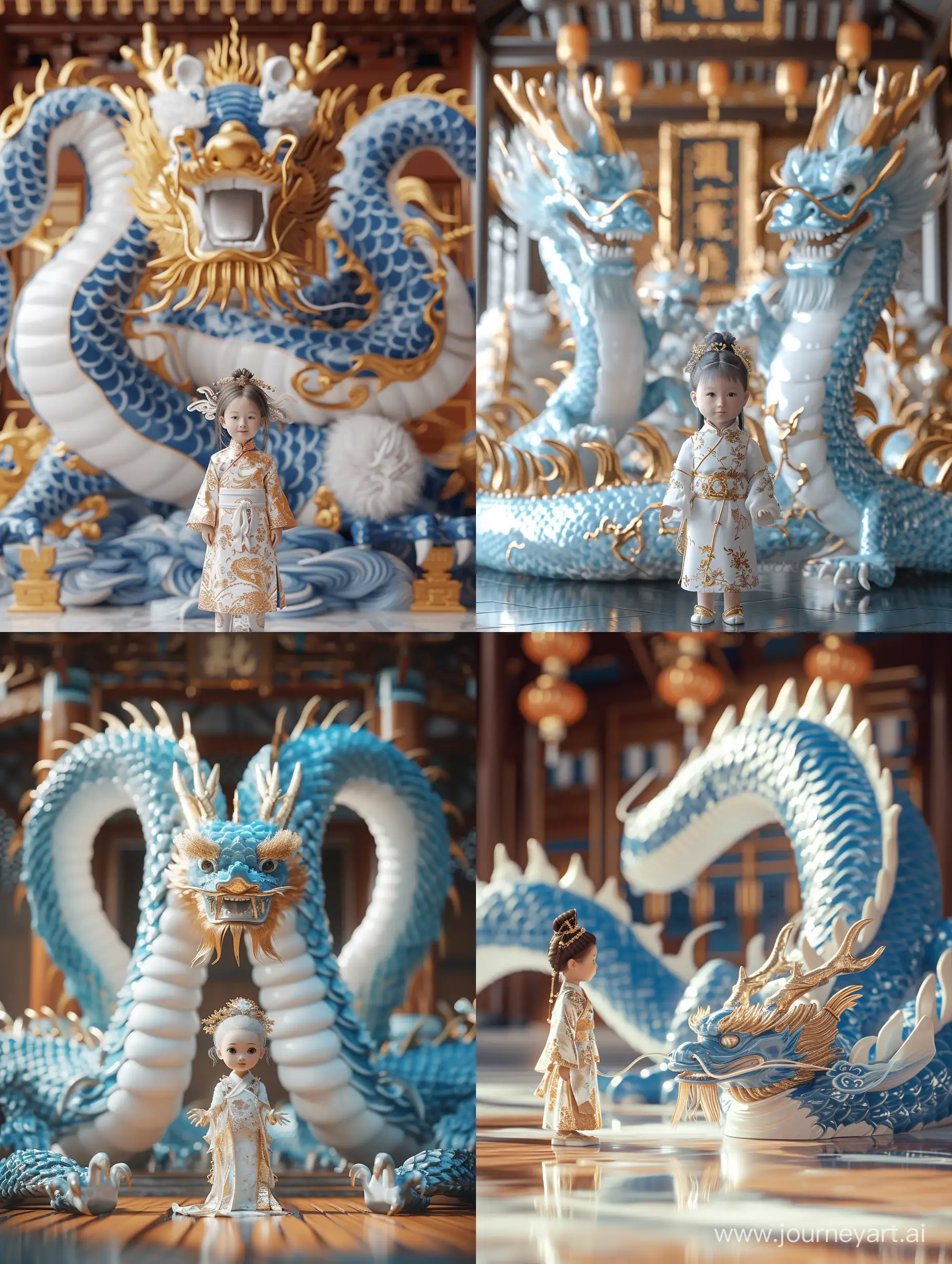 Chinese-Girl-in-Golden-Hanfu-with-Blue-and-White-Porcelain-Dragon