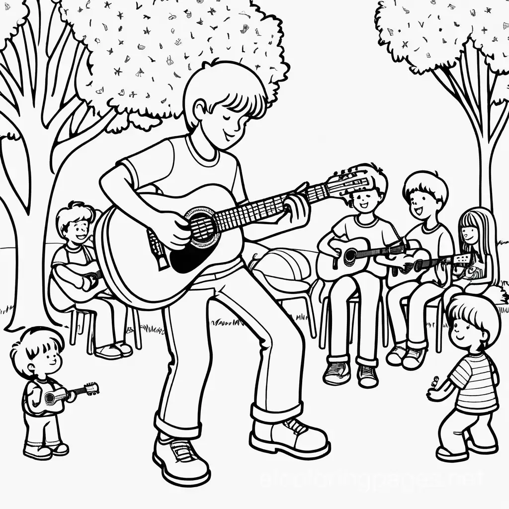 Boy playing guitar in a park with party people, Coloring Page, black and white, line art, white background, Simplicity, Ample White Space. The background of the coloring page is plain white to make it easy for young children to color within the lines. The outlines of all the subjects are easy to distinguish, making it simple for kids to color without too much difficulty