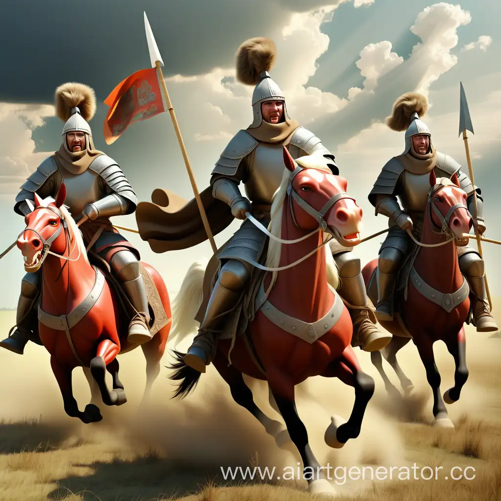 Три древне-русских Богатыря, в шлемах и латах, верхом на лошадях, скачут по русскому полю, в руках копья, пыль от копыт, облака и солнце