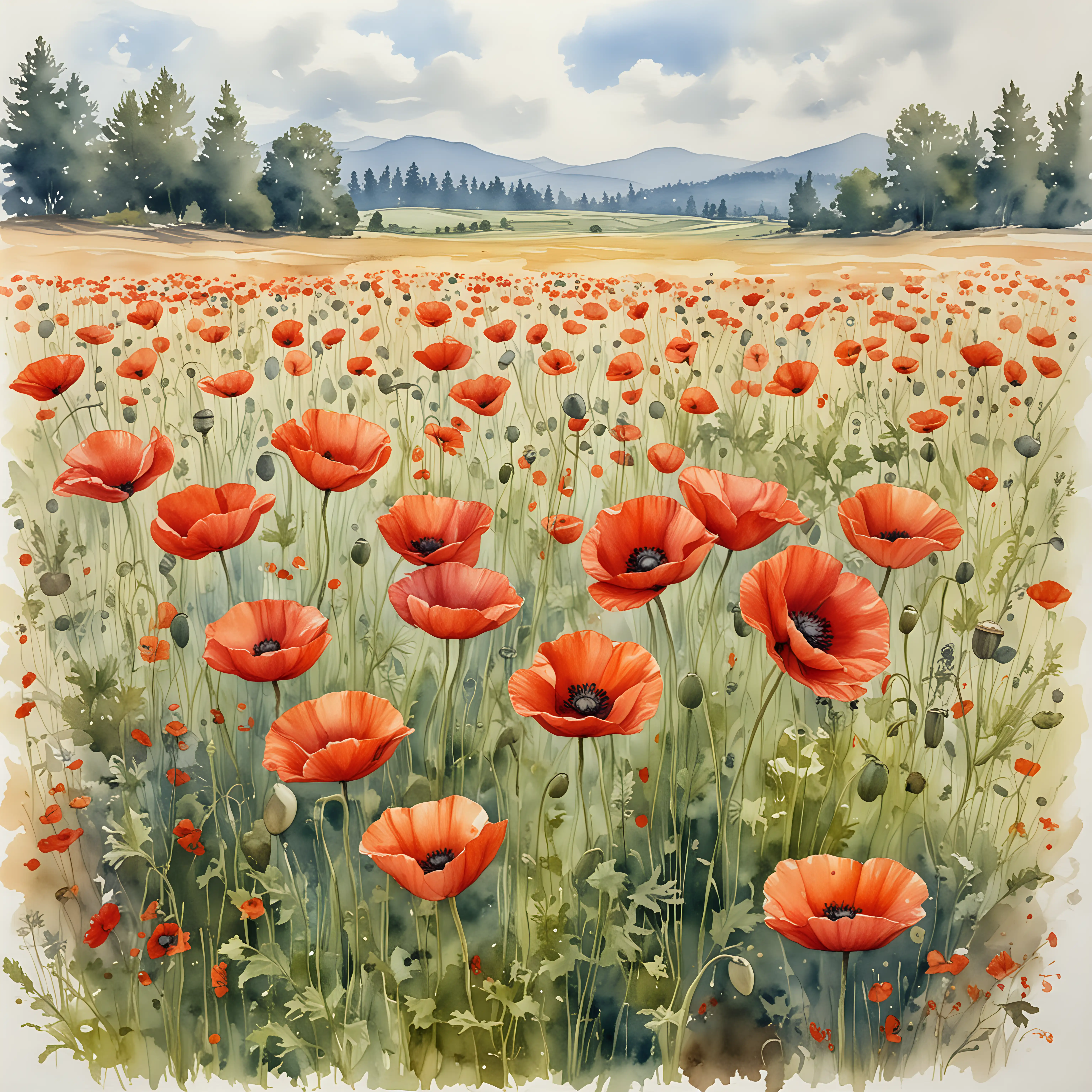 Vibrant Watercolor Painting of Poppies and Mushrooms in a Field