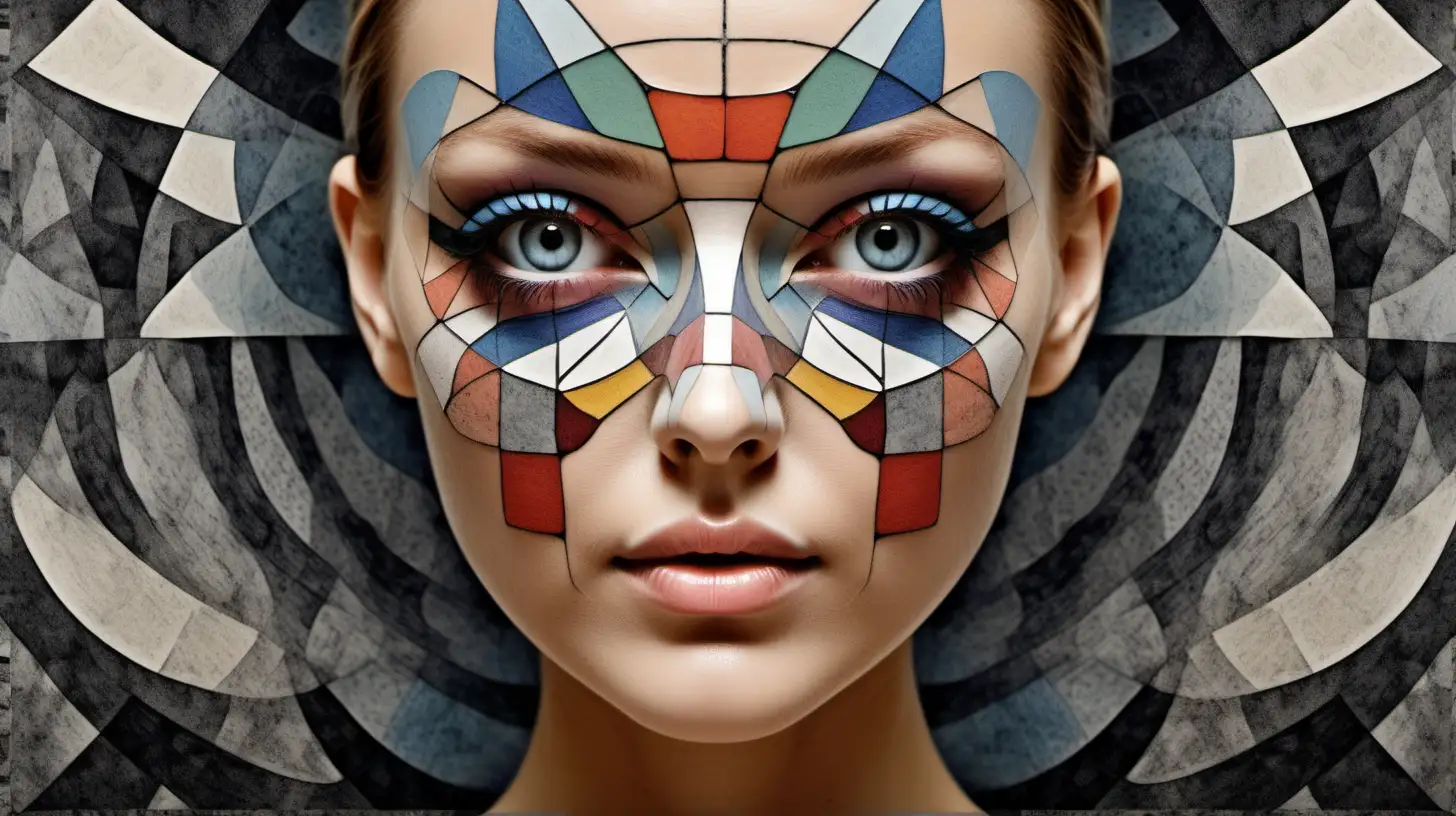 Face female model combined	with abstract  and  surreal art  with  extra
ordinary pattern, ultradetailed, super detailed, hyper  realistic detailed photo,  Paul Klee style
