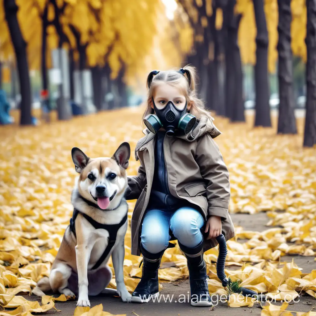 Young-Girl-and-Canine-Companion-Wearing-Gas-Masks-in-Urban-Park