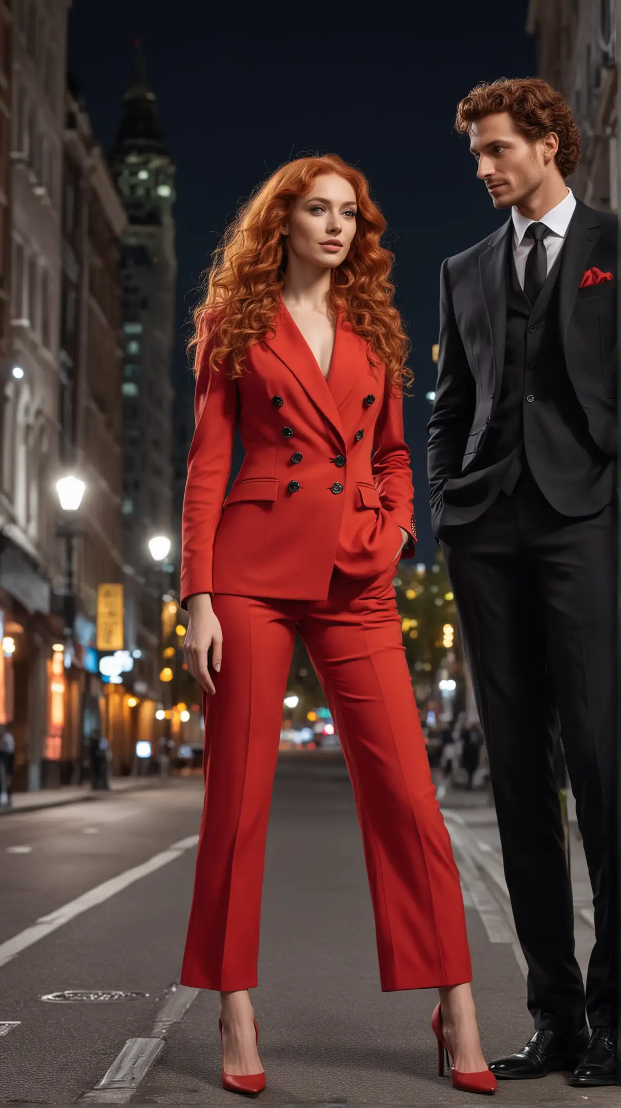 Stylish Red Pantsuit Woman and Black Suit Man in Night Cityscape
