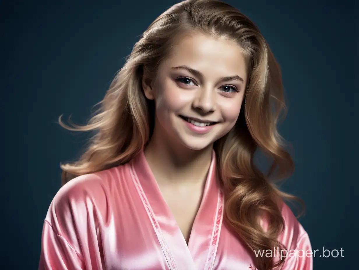 Yulia Lipnitskaya in a pink silk robe with her hair down smiles