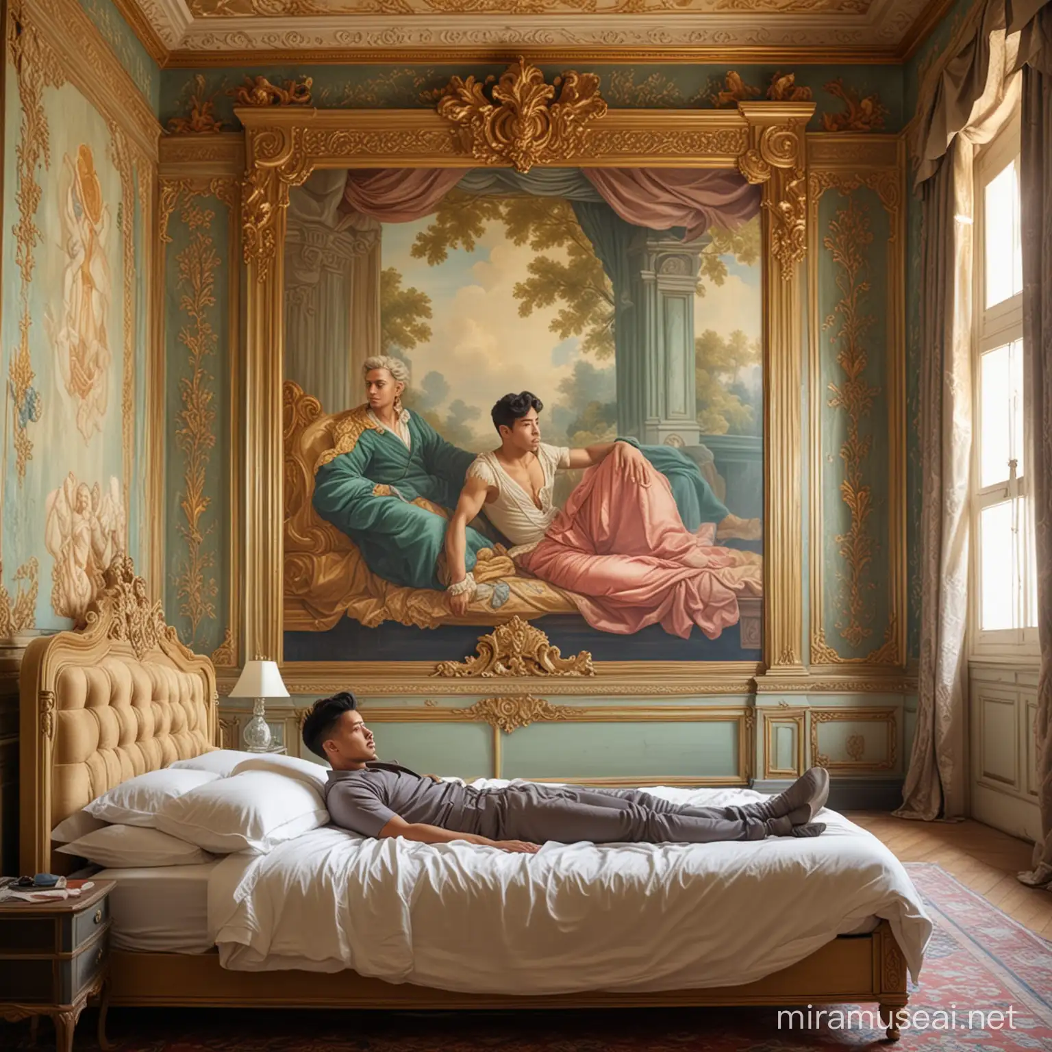 Pria tampan indonesia terbaring dalam pemandangan malam kamar tidur bergaya rococo di dalam gedung art deco dengan Renaissance mural wall painting. Ultra HD photography quality