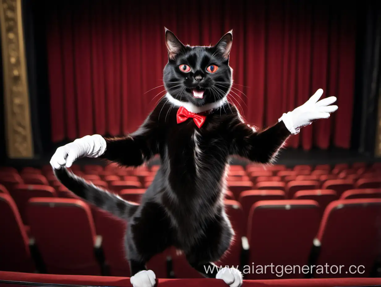 Чёрный кот улыбается в театре, стоит на двух задних лапах , передние лапы в белых перчатках, красные глаза