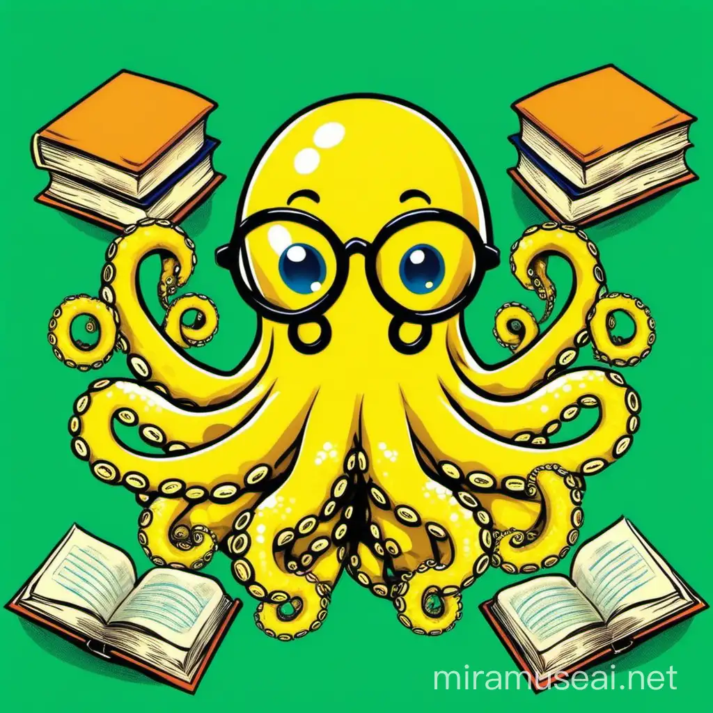 Cute, adorable, cheerful, cartoon-like yellow octopus, wearing glasses, keeping 4 different, open books  at once, one in each tentacle. Ensure each tentacle is clearly visible and distinguishable, with four open books balanced skillfully in each. Big green circle in the background.

