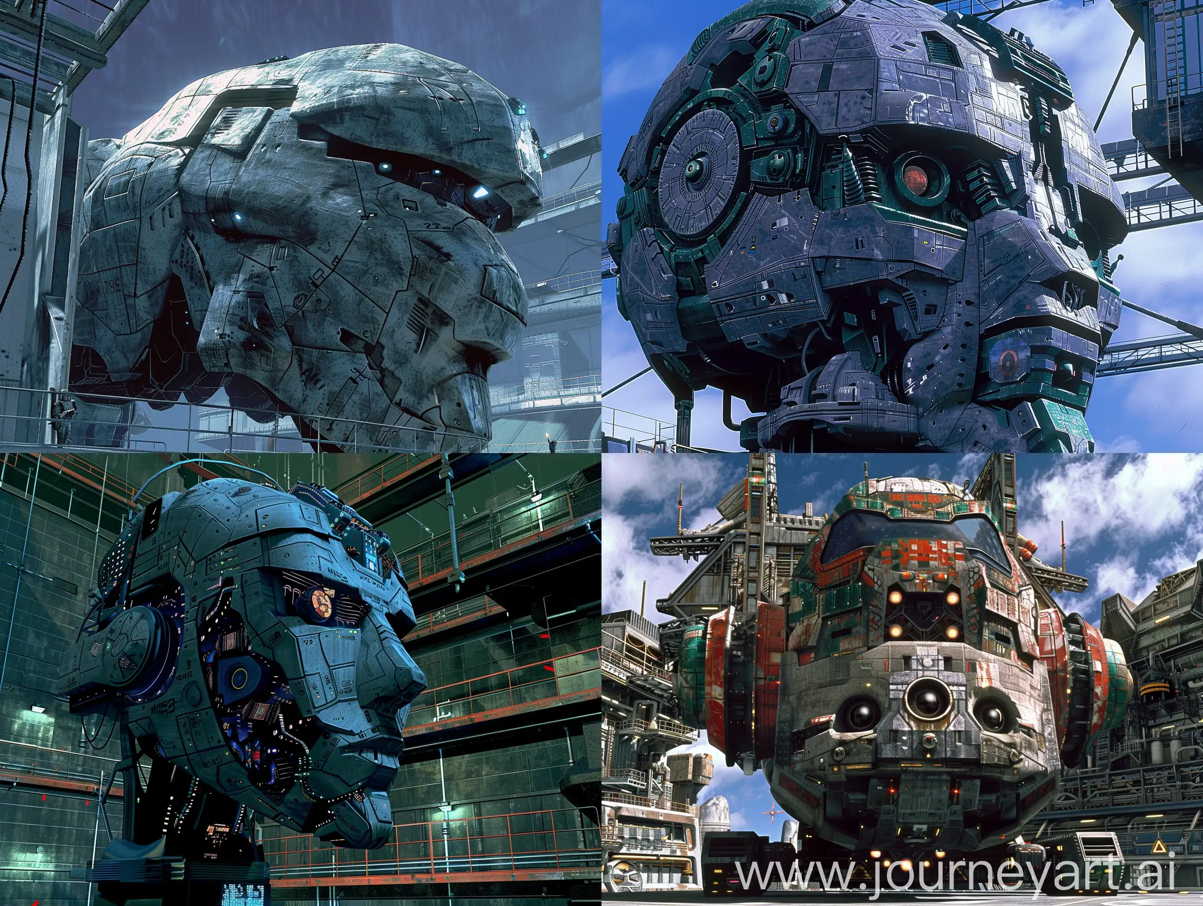 ps2 game graphics screengrab of a giant robot head, genre, retro, modern, futurism, y2k aesthetic, nostalgic trend, environment, playstation 2 graphics,
