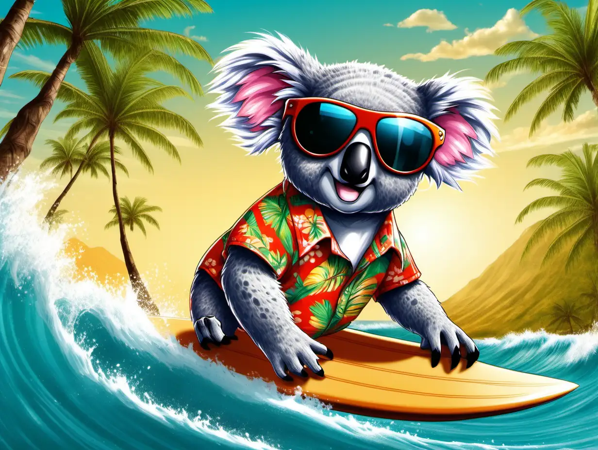 Koala surfing, wearing hawaiian shirt and aviator sunglasses