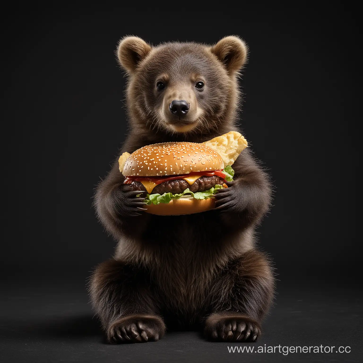 Медвежонок держит гамбургер, чёрный фон 