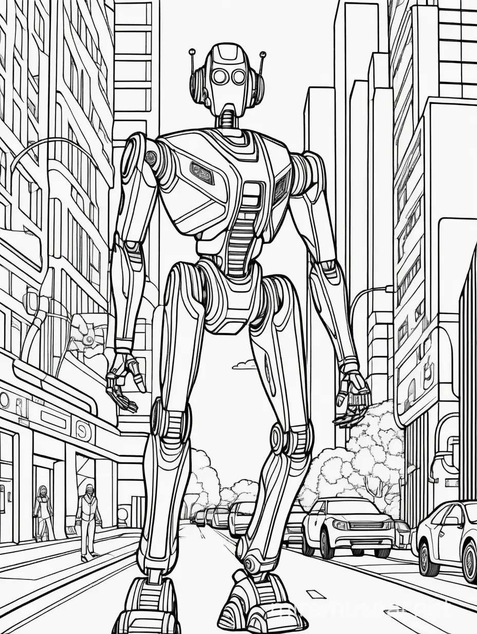 Futuristic Robot Men Exploring Cityscape Adult Coloring Book Page