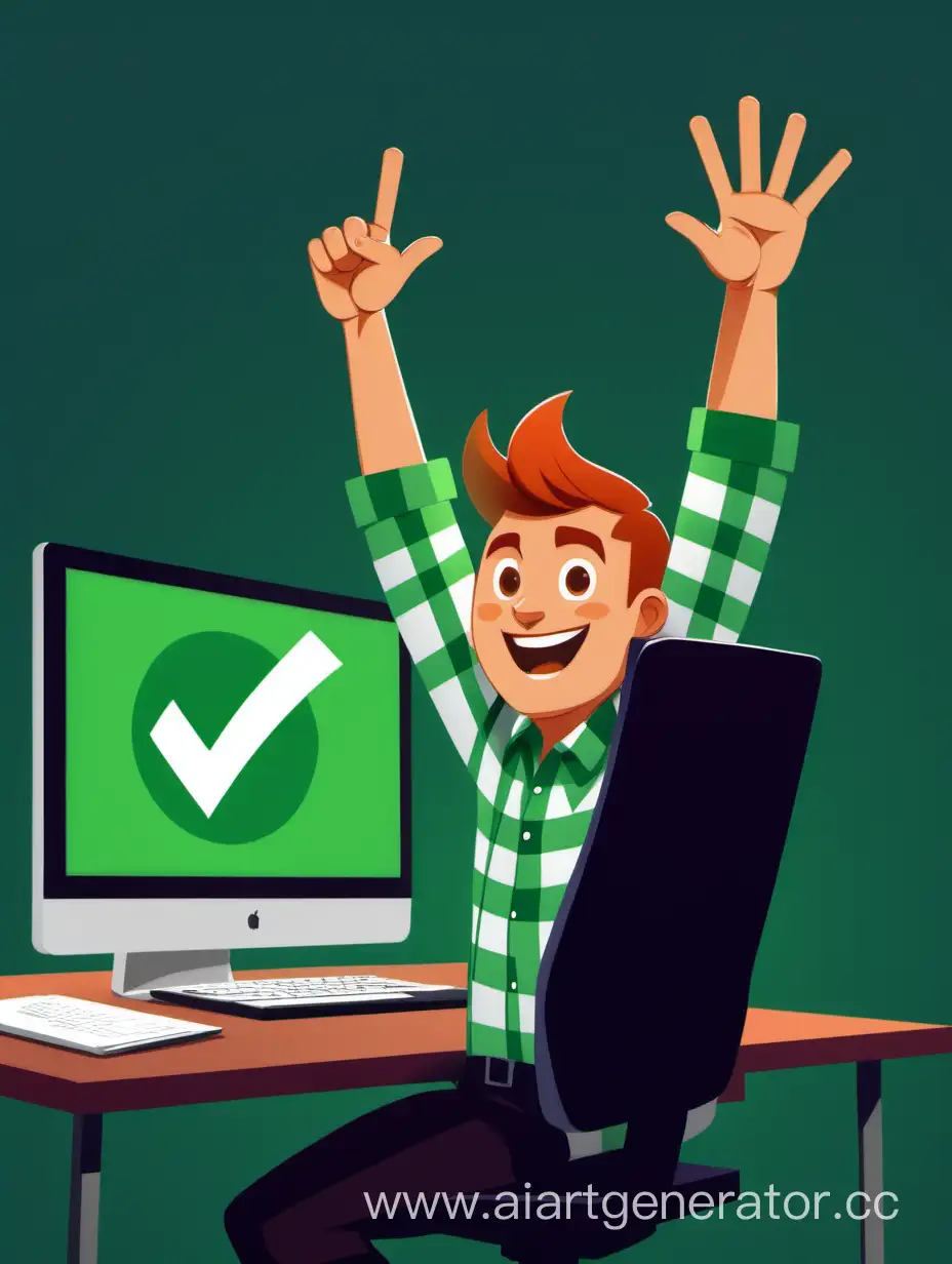 the developer has finished the code and is jubilant, getting up from his chair, raising his hands, a large green check mark is lit on the computer