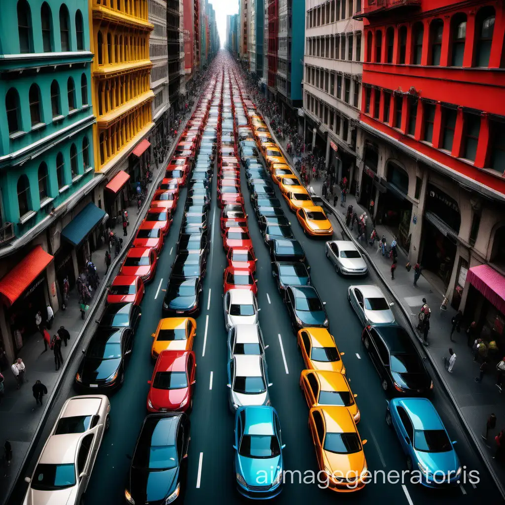 Imagine a bustling road lined with cars haphazardly parked on both sides, creating a chaotic yet vibrant urban atmosphere. The vehicles vary in colors and sizes, contributing to the dynamic visual of a busy street.