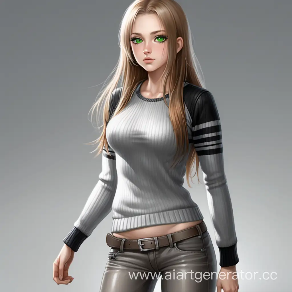 A girl of good build, medium height, she has bright green eyes, long straight light brown hair and a third breast size, she is wearing a gray sweater with a dark gray vertical stripe, a white leather short T-shirt with long sleeves to her stomach, as well as white leather tight pants, black legs light boots up to the middle of the shin, black and white pistols are on the hips