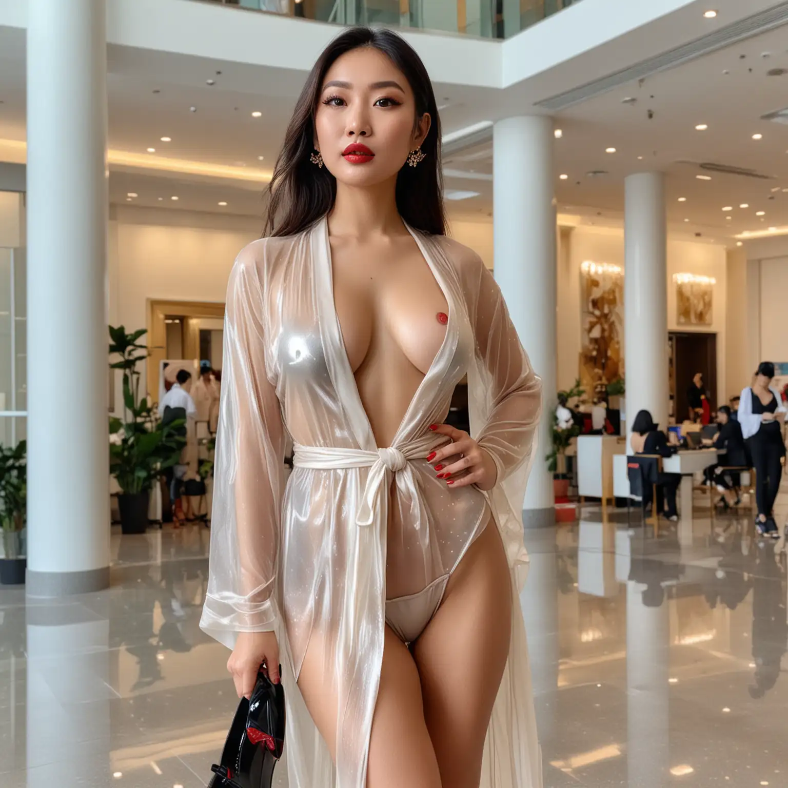 Hot, beautiful Singaporean Chinese influencer wearing a metallic bikini and a sheer silk chiffon robe, red glossy lipstick, lots of makeup and Louboutin patent leather heels in a crowded office lobby. Passers by ogle at her