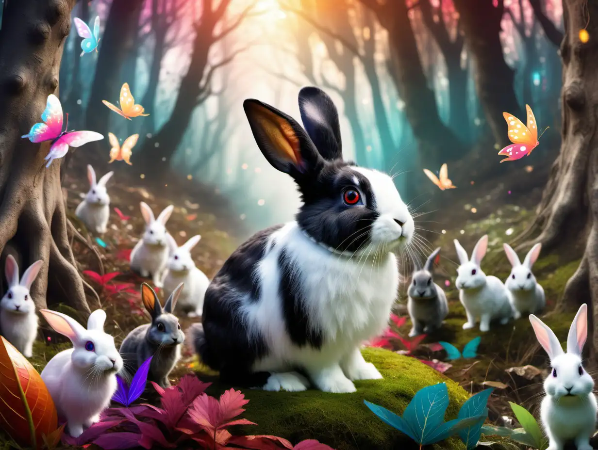 lapin noir et blanc avec des  yeux mignon dans la forêt magiques colorée avec des fées autour du lapin 