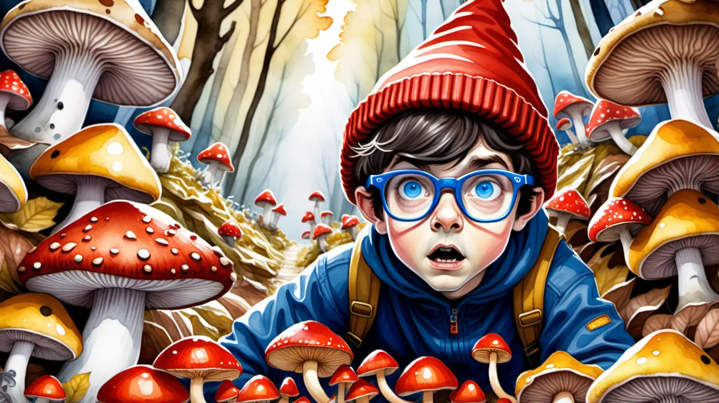 watercolour fairytale style painting. A scared darkhaired blueeyed boy pixie wearing glasses and a brown acorn hat hiding under a pile of mushrooms in a pixie town of yellow and red mushroom shops 
