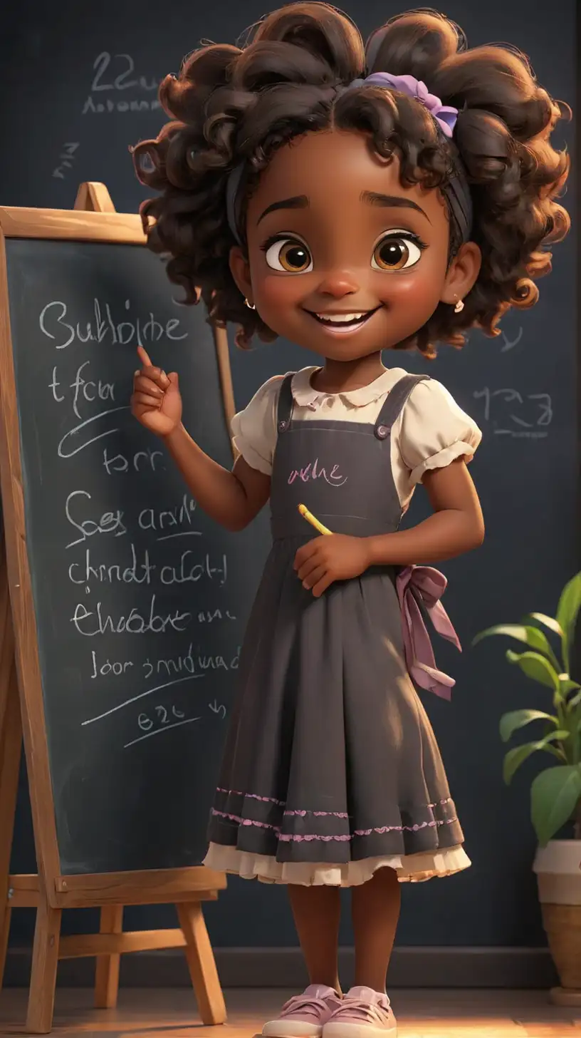 Create a 3D illustrator of an animated scene where a charming and attractive little black girl child with beautiful eyes, dressing gracefully and colourfully, standing and holding a chalkboard in her hands and the chalkboard is written with "Subscribe For More!". The dark little girl baby is smiling peacefully. Beautiful, mildly colourful and spirited background illustrations.