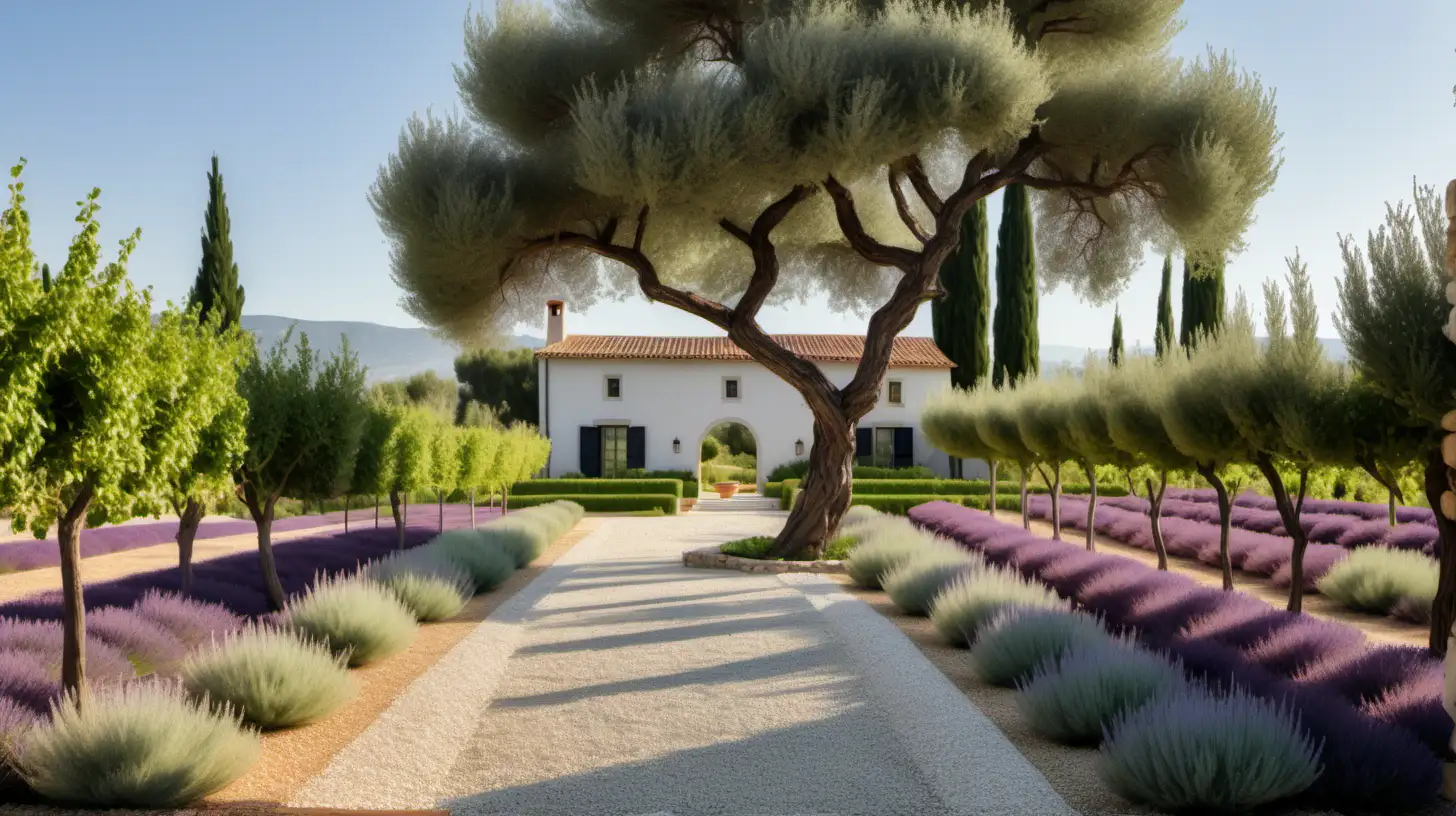 a minimalist organic mediterranean estate farm with a vineyard, olive trees, lavender, and rosemary for harvesting; pea gravel pathways; 