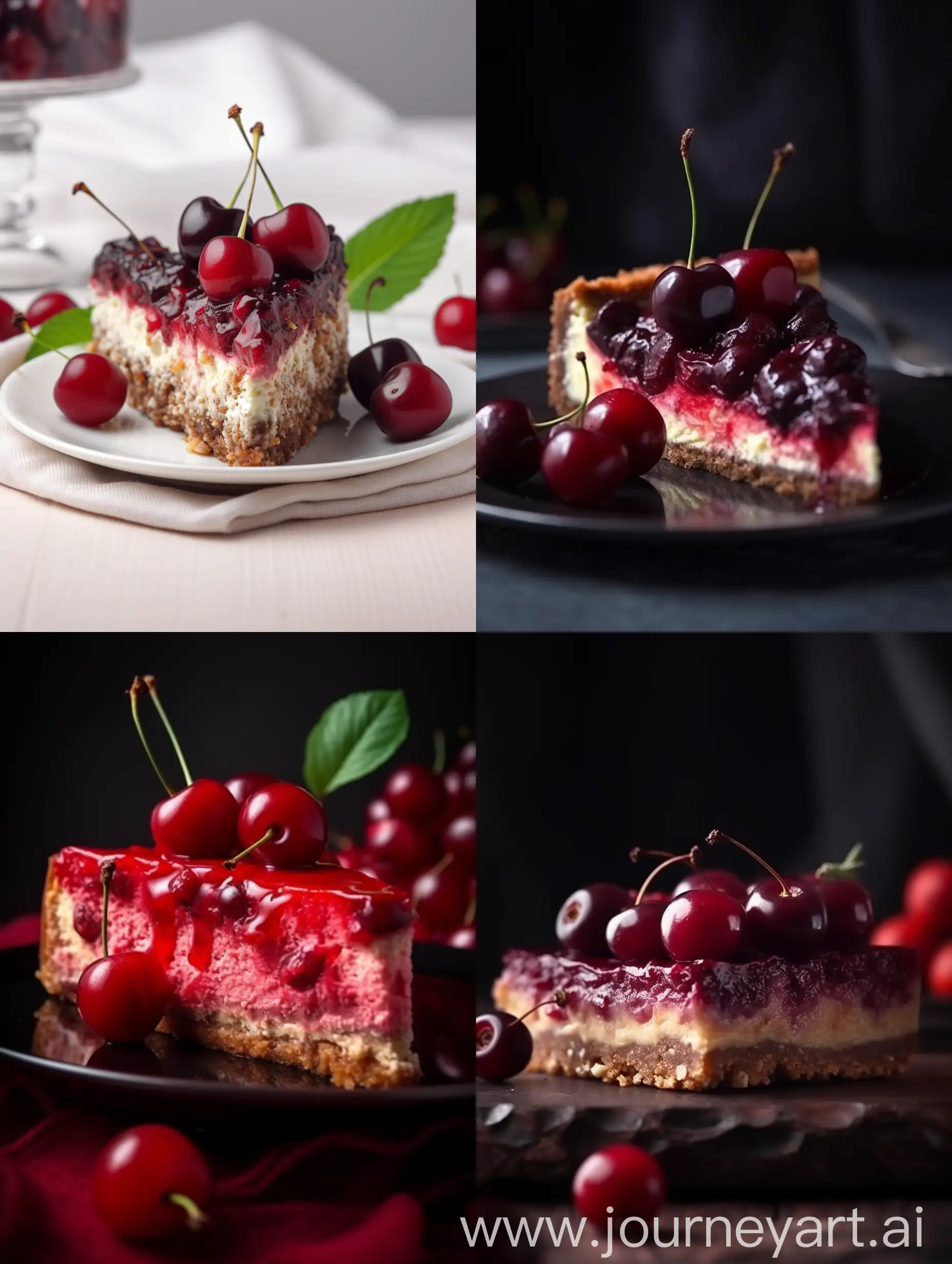 Appetizing slice of cherry cheesecake, professional photography and light, close-up --ar 3:4 --v 5 --q 2