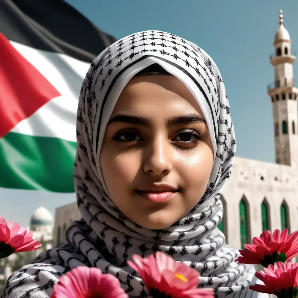 Stunning Muslim Girl in Keffiyeh Surrounded by Mosque and Flowers in HyperRealistic 8K