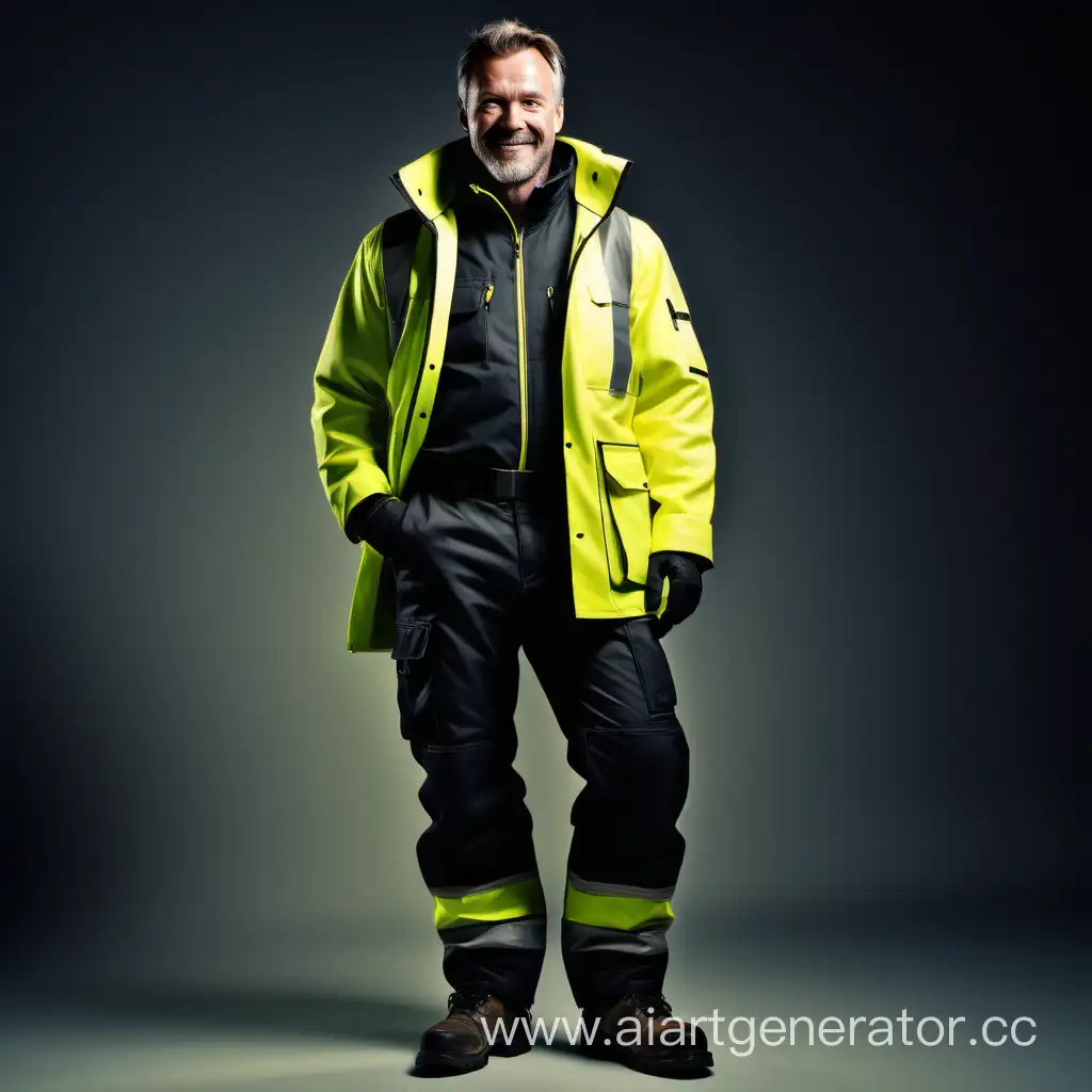 Beautiful highly insulated workwear, smile, full length view, scandinavian man 40 years old, black and fluorescent yellow fabrics, front and half-profile, cinematic, beautiful, elegant, RAW Photo, dynamic composition, G-Master Lens, Photorealistic, Hyperdetailed, natural light, soft lighting, masterpiece, best quality, ultra realistic, 8k, Intricate, High Detail in julie bell style