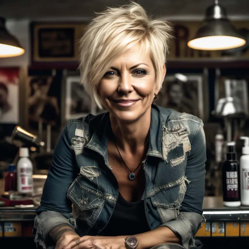 Rock chick with short blonde hair, she is 45 years old. She is sitting on a stool in a messy, barbershop. She is holding a closed magazine that is A4 size. She has a slight smile.