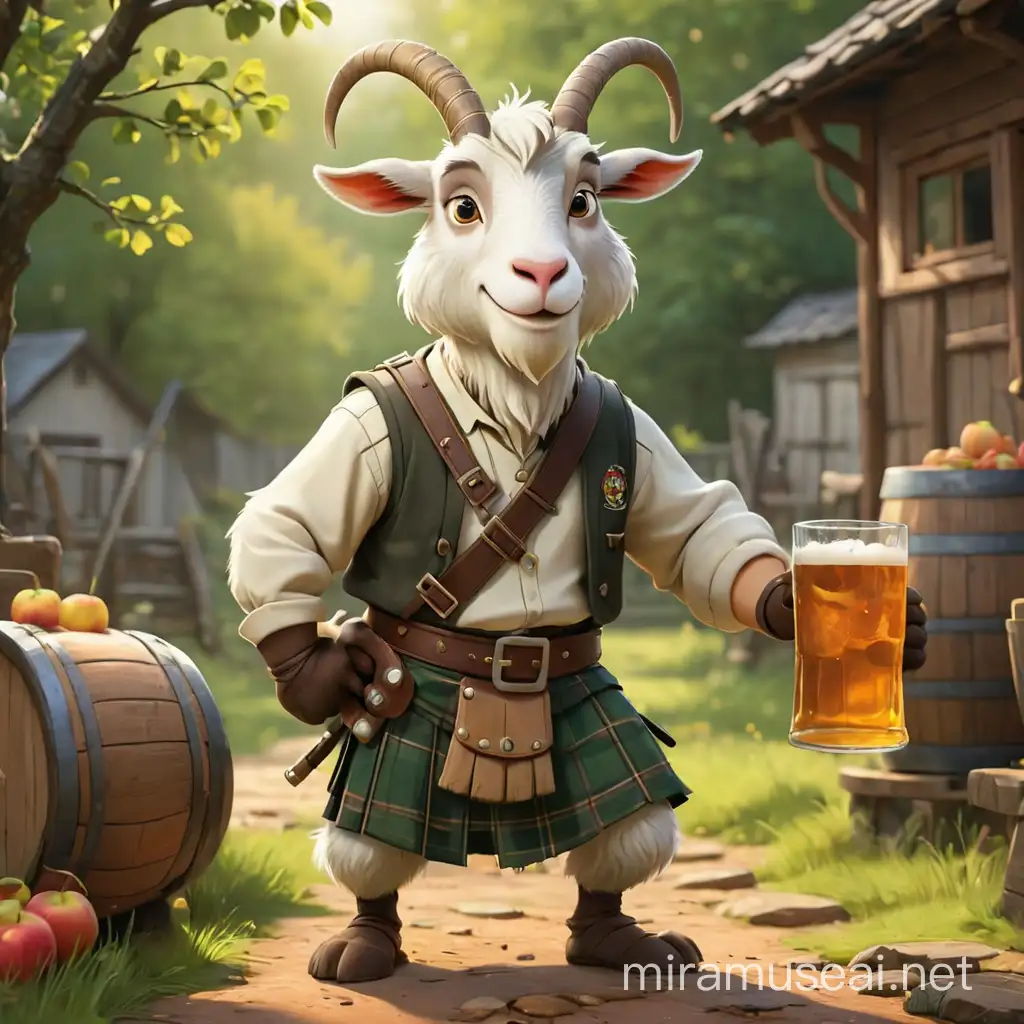 Cheerful Cartoon Goat Making Cider in Plaid Kilt