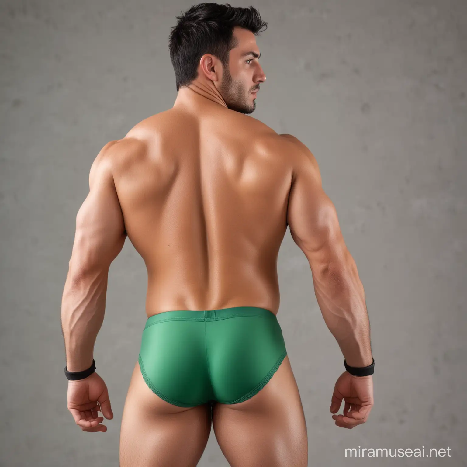 Charming muscular 30 year old male Argentine wrestler, with short spiky black hair, slight tanned skin and grey eyes, well defined buttocks, wearing green underwear, rear view