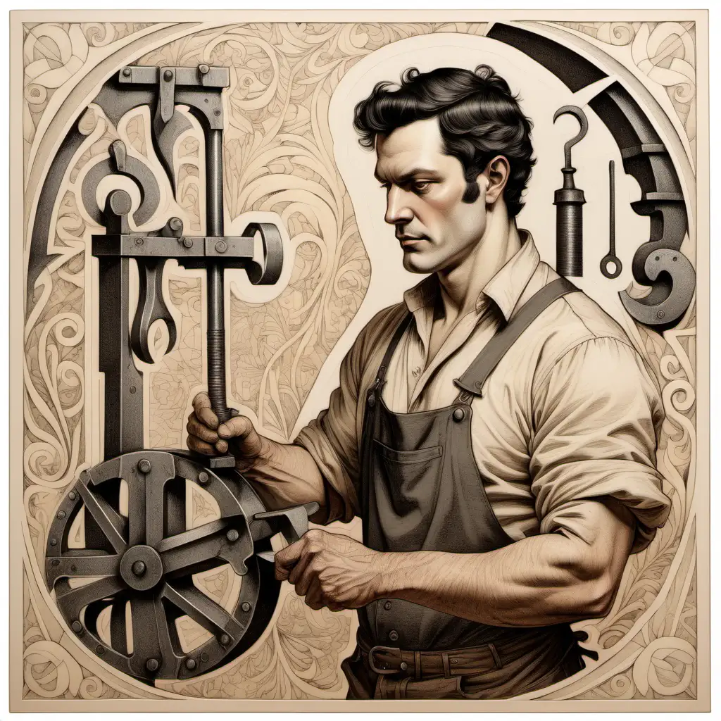 a strong attractive man with dark hair who is a blacksmith, Victorian, etching, on light beige, bold color, muted palette, , loose line drawing, playfully intricate, puzzle-like elements,