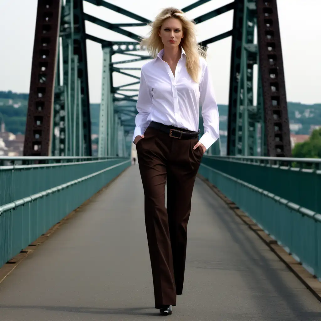 40 years old model, very beautiful, natural make up, natural hair, blondie, tall and thin. Very cool style and very cool photo. Cool hunter photo style. Full body image walking on the old Würzburg bridge. Wearing a chino trouser in Pantone 13-1105TCX with a white long sleeve shirt (a bit masculine and oversize shirt). No belt. Heel shoes in dark brown color in YSL style. 