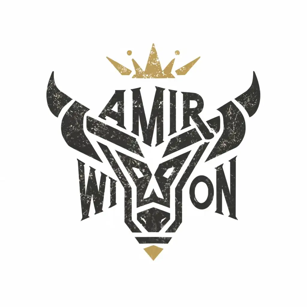 a logo design,with the text "Amir Wilson", main symbol:bull, eyes, crown gold