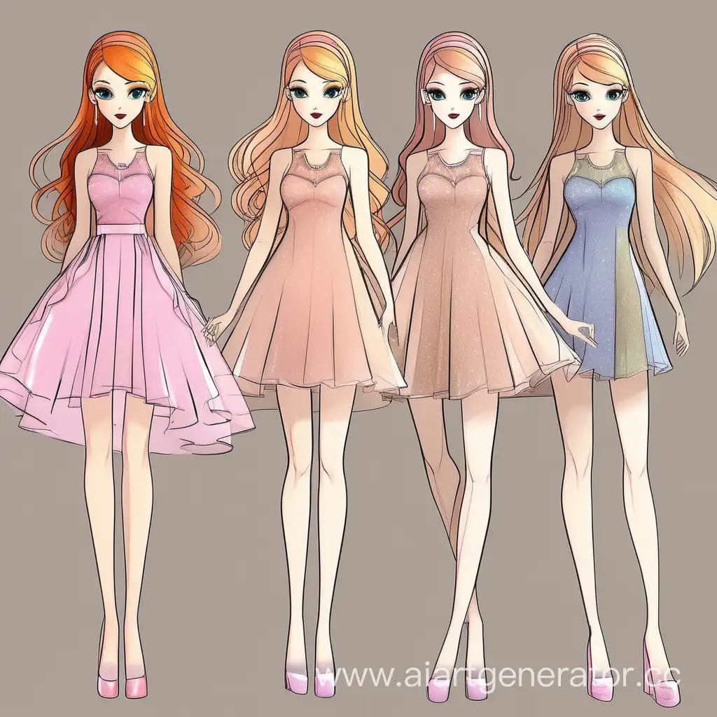 Dress designs, short delicate dresses, casual clothes, Winx style, full height, multiple designs. 
