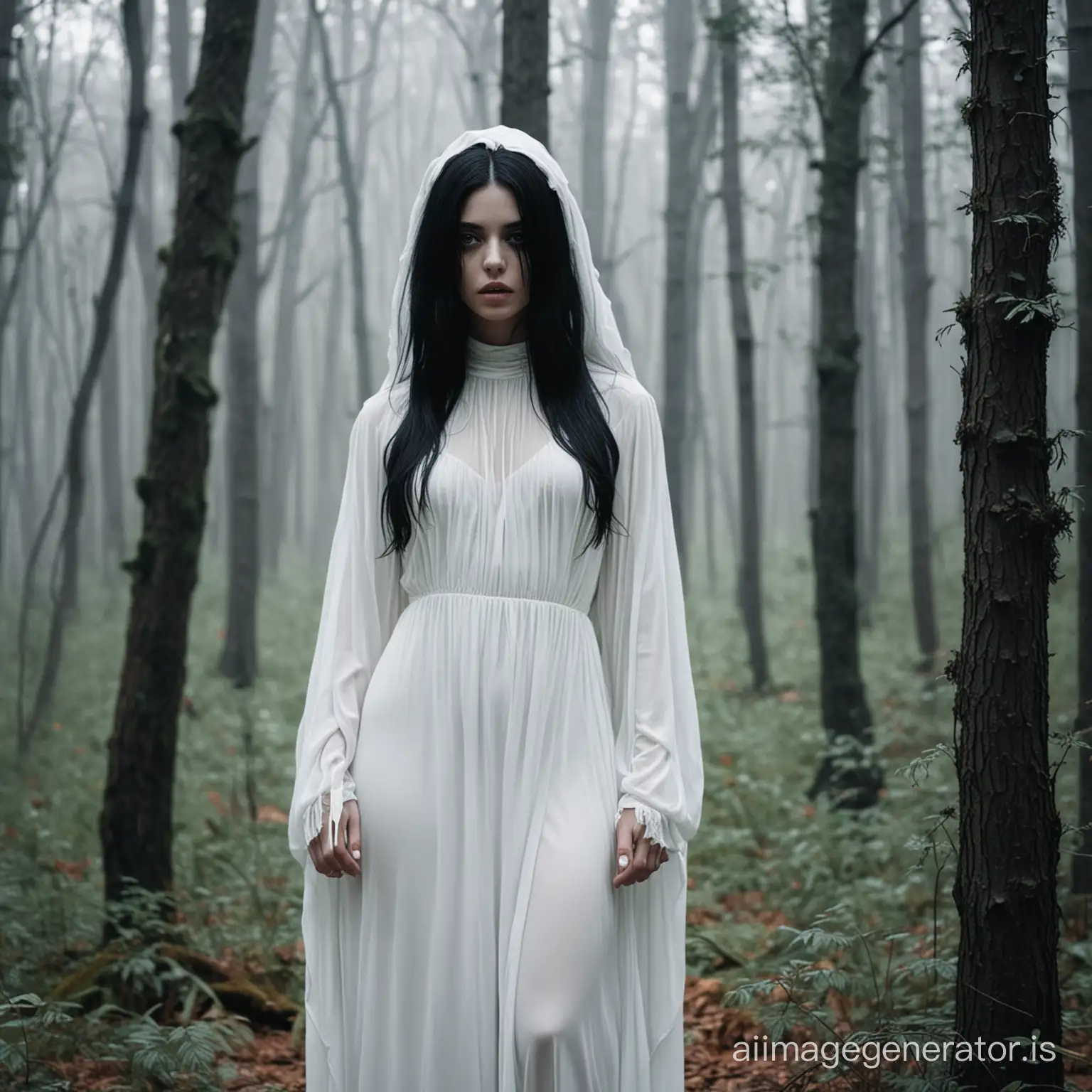 Mysterious-Pale-Woman-Surrounded-by-Sinister-Black-Spirits-in-a-Haunting-Forest