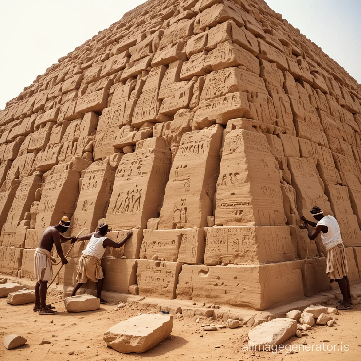 une photo d'esclaves égyptiens en 2000 avant JC  taillant des pierres pour construire une pyramide
