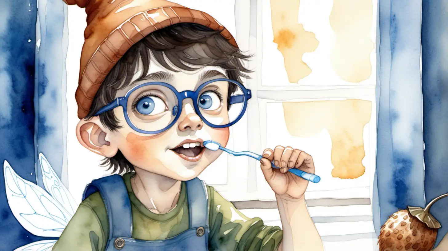 A watercolor painting of a young dark haired boy pixie with blue eyes wearing glasses and a brown acorn hat who is brushing his teeth in a fairy bedroom





