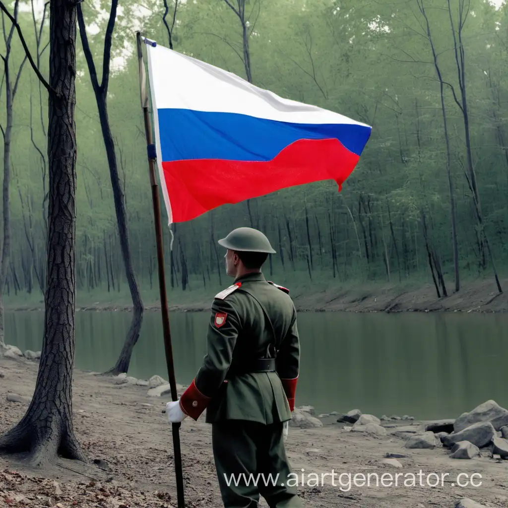 A man in military uniform with a red, blue and white flag in the forest near the river