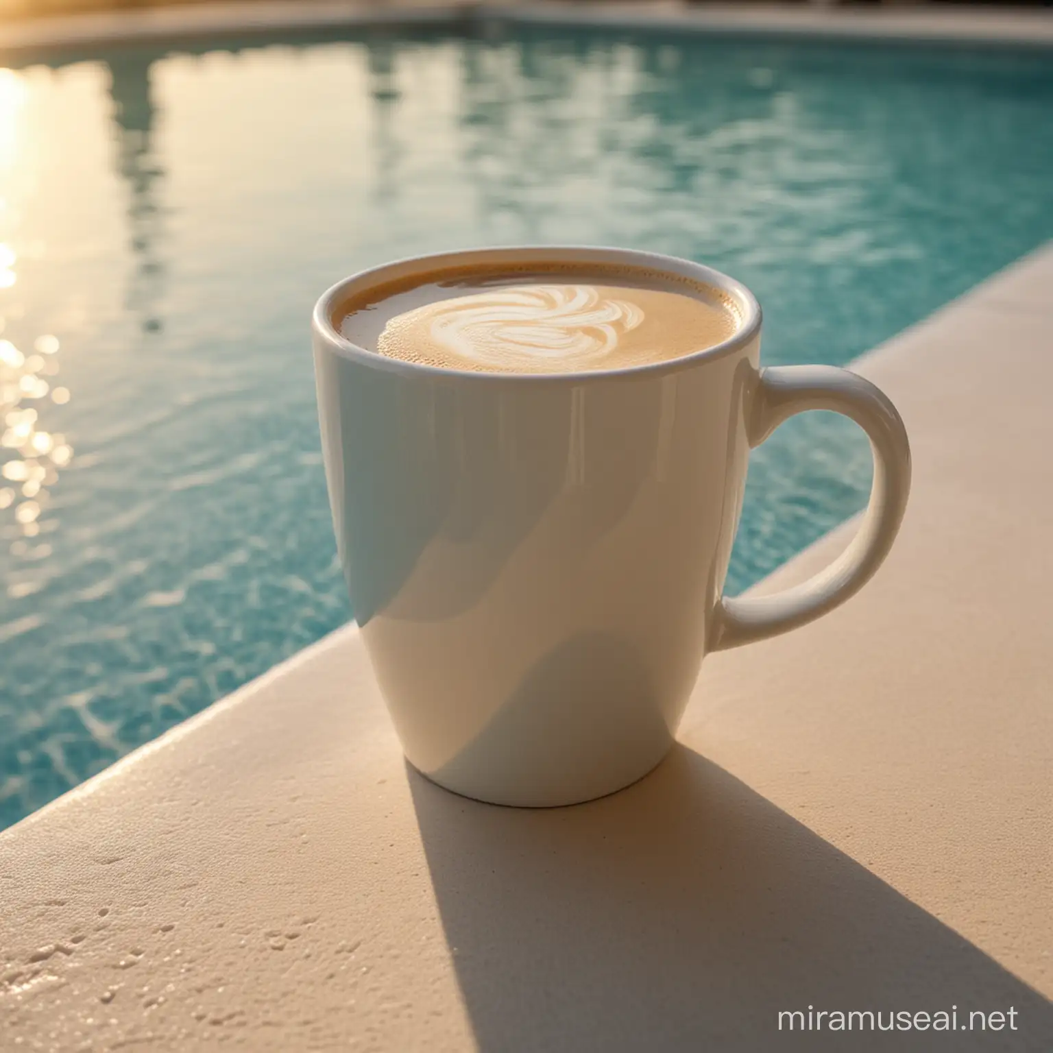 A close-up of a white coffee cup placed on the edge of the pool. The pool is slightly blurred. A sunrise is visible in the background. The photo is 4k, taken with a high end camera.