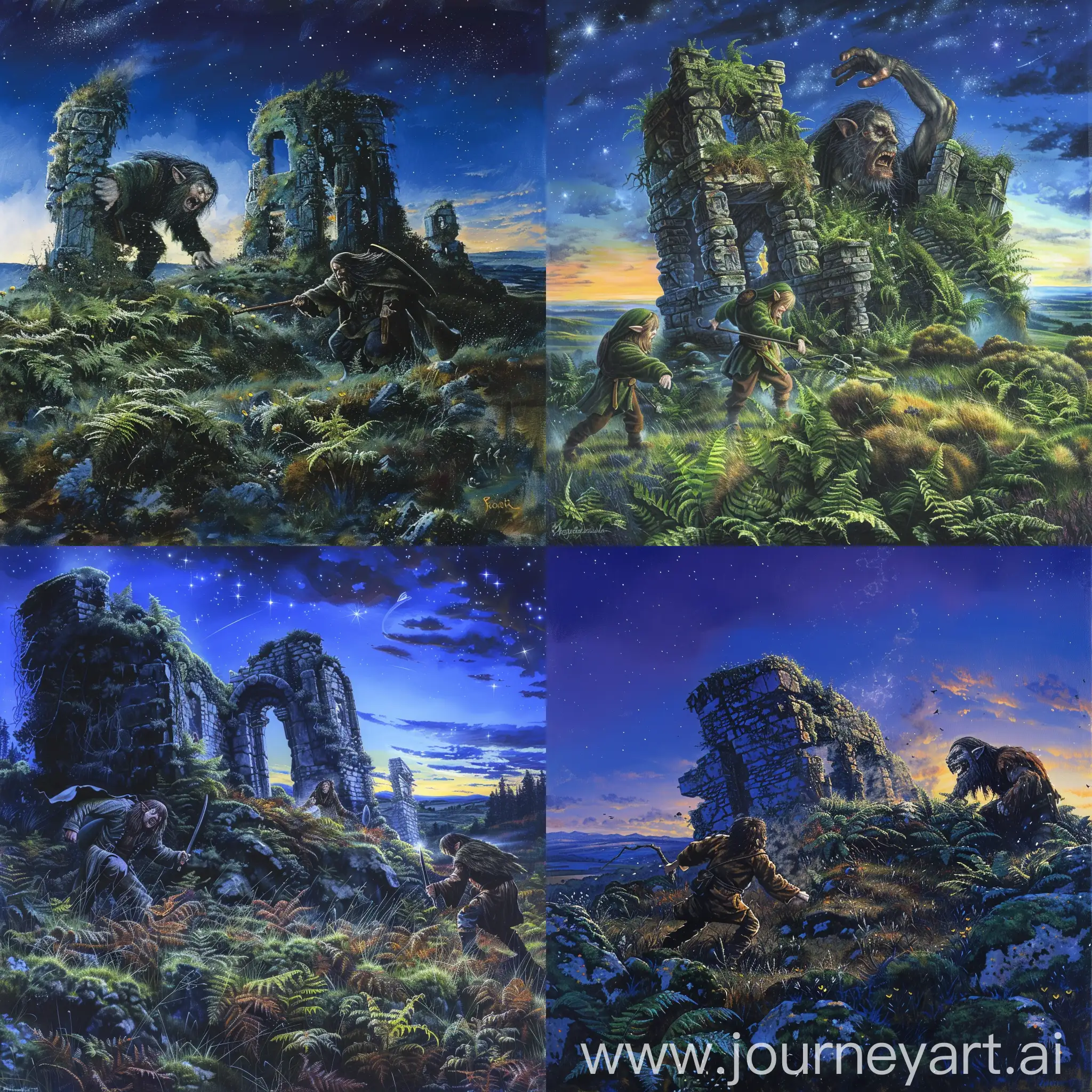Two hobbits fighting a hill troll in the scrub and fern-covered stone ruins on the moor on a starry night as dawn approaches. Painting.