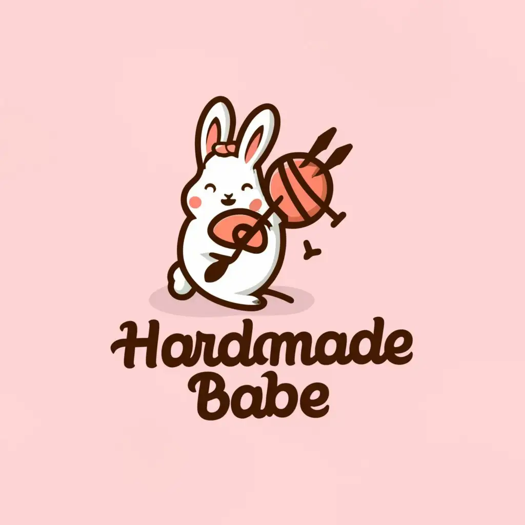 a logo design,with the text "Handmade babe", main symbol:bunny and yarn, maybe knitting hooks,Minimalistic,be used in Internet industry,clear background