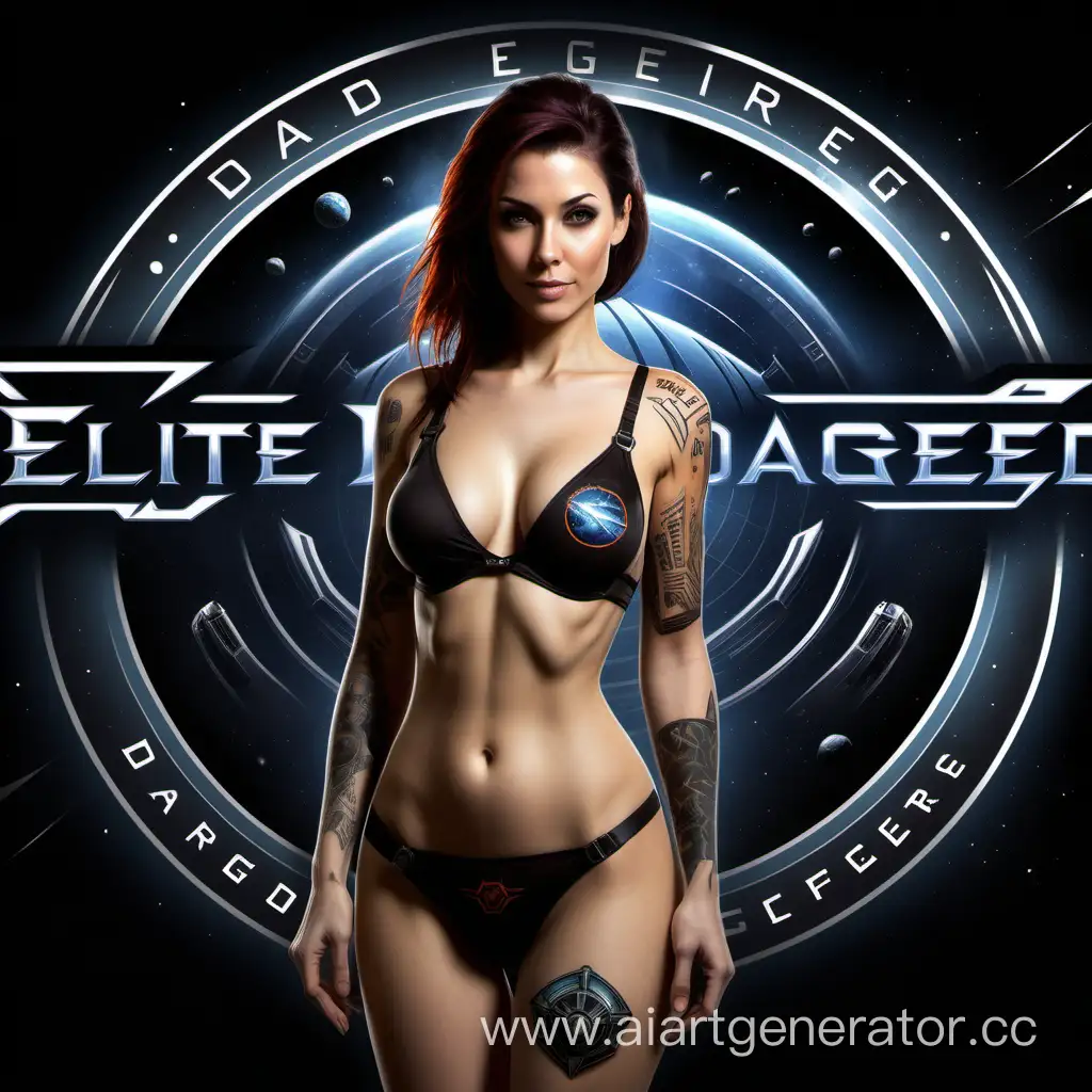 стиль из игры Elite Dangerous, красивая девушка пилот космического корабля в нижнем белье и татуировкой на теле заваривает кофе в своем космическом корабле, на стене логотип с названием "Elite Dangerous"